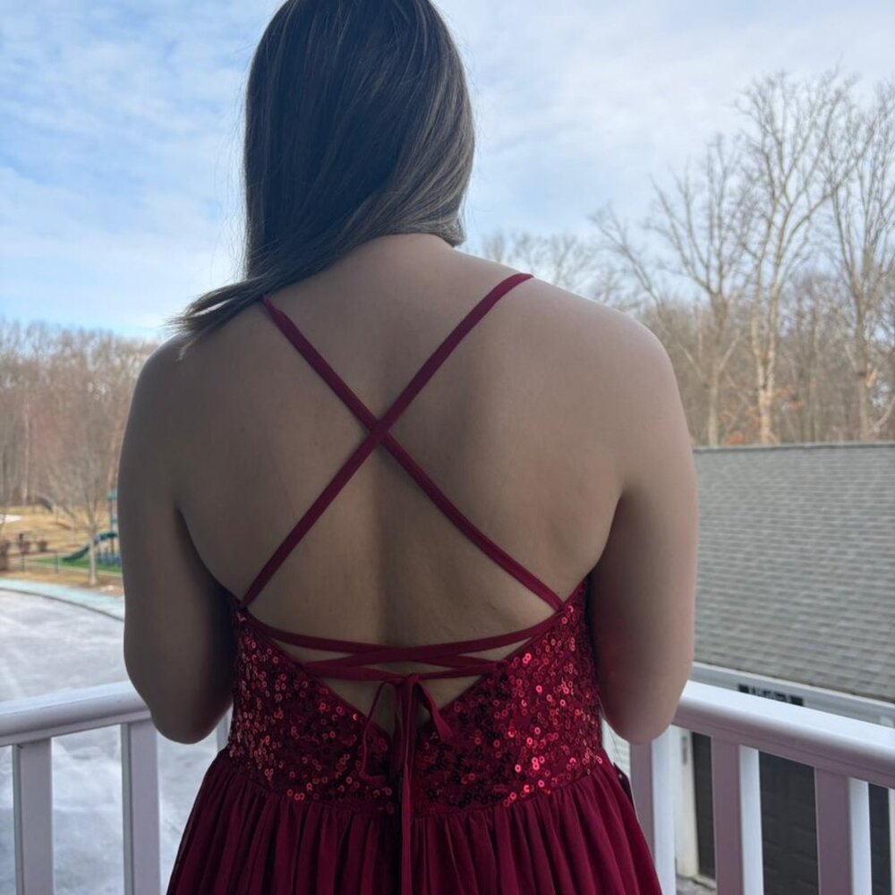 Azazie Red Sequin Bodice Formal Maxi Dress – Criss Cross Back – Size C - Picture 3 of 8